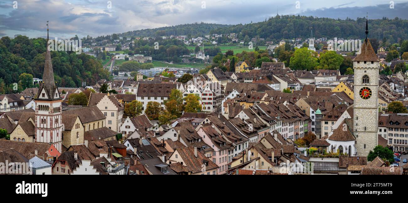 Panoramic view of the Swiss town of Shaffhausen with the spire of St. Johann Reformed Church on the right and the tower of the Schaffhausen City Libra Stock Photo