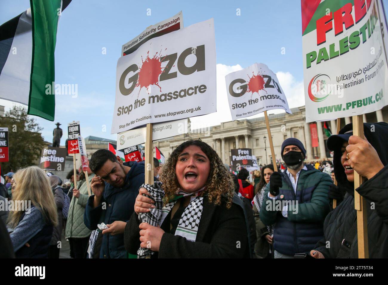 London, UK. 4th Nov, 2023. Protesters chant slogans and hold placards expressing opinion during a Pro-Palestinian rally calling for an immediate ceasefire, at Trafalgar Square in central London. (Credit Image: © Steve Taylor/SOPA Images via ZUMA Press Wire) EDITORIAL USAGE ONLY! Not for Commercial USAGE! Stock Photo