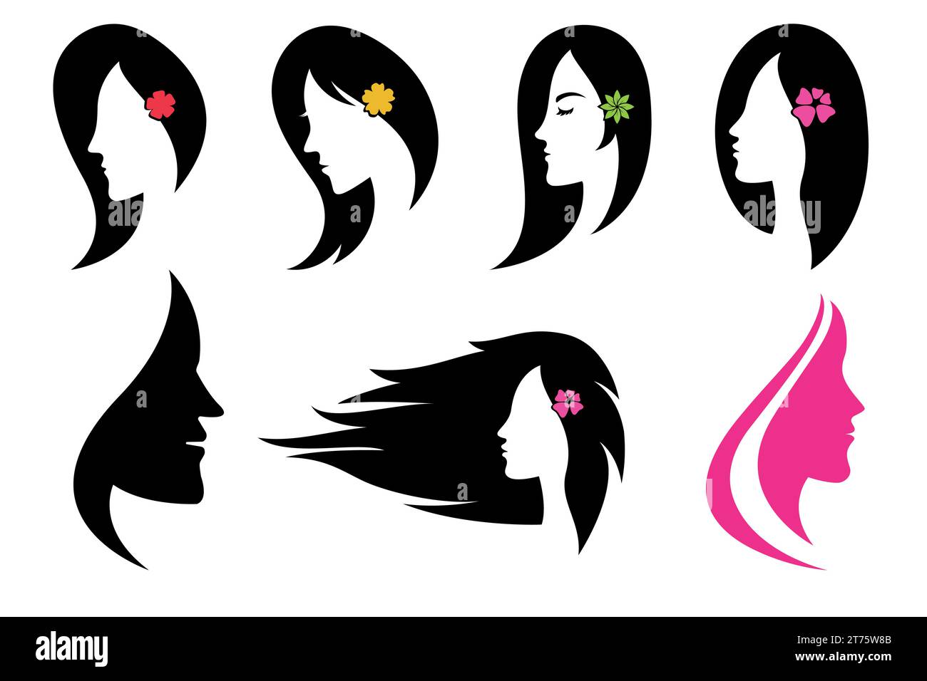 Beautiful Woman hairstyle with flower, Hand drawn Vector collection. V26 Stock Vector