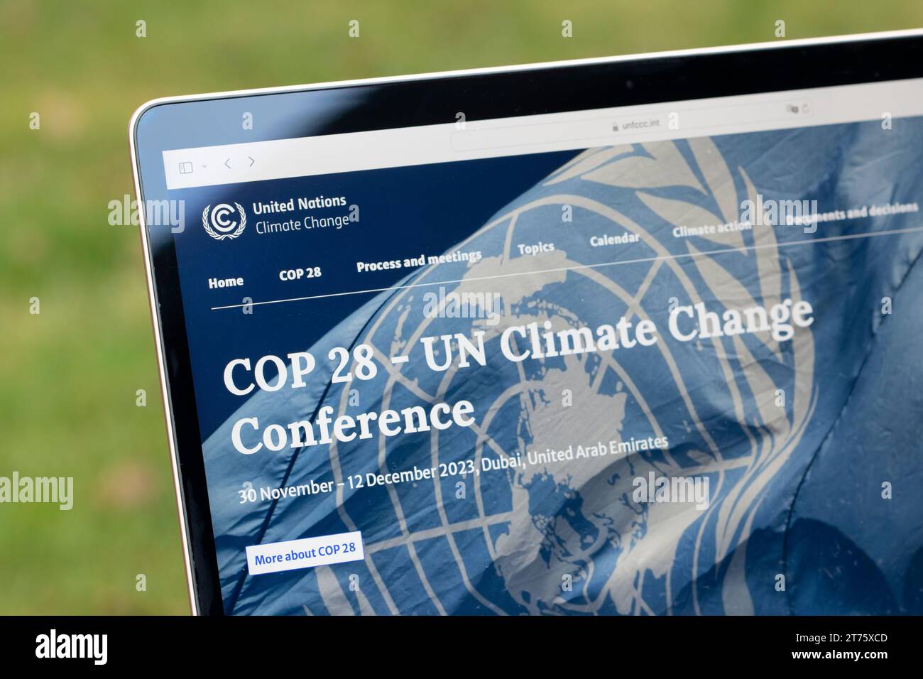 Website homepage of the United Nations Framework Convention on Climate Change shows that the COP 28 will be held from Nov 30, 2023, in Dubai, UAE. Stock Photo
