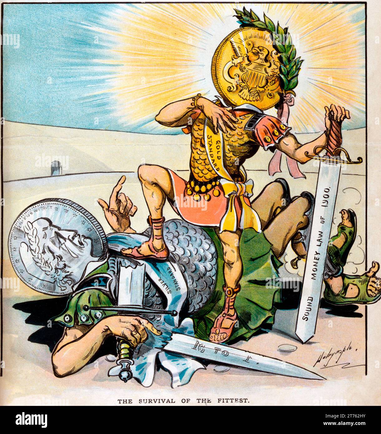 Cover image of Puck Magazine, v. 47, no. 1201 (1900 March 14). Illustration showing two gladiators, one labeled 'Gold Standard' and the other labeled 'Silver Standard', in a colosseum. The 'Gold Standard' gladiator, with a sword labeled 'SOUND MONEY LAW OF 1900', stands victorious over the 'Silver Standard' gladiator whose sword, labeled '16 to 1', lies broken at his side. Stock Photo