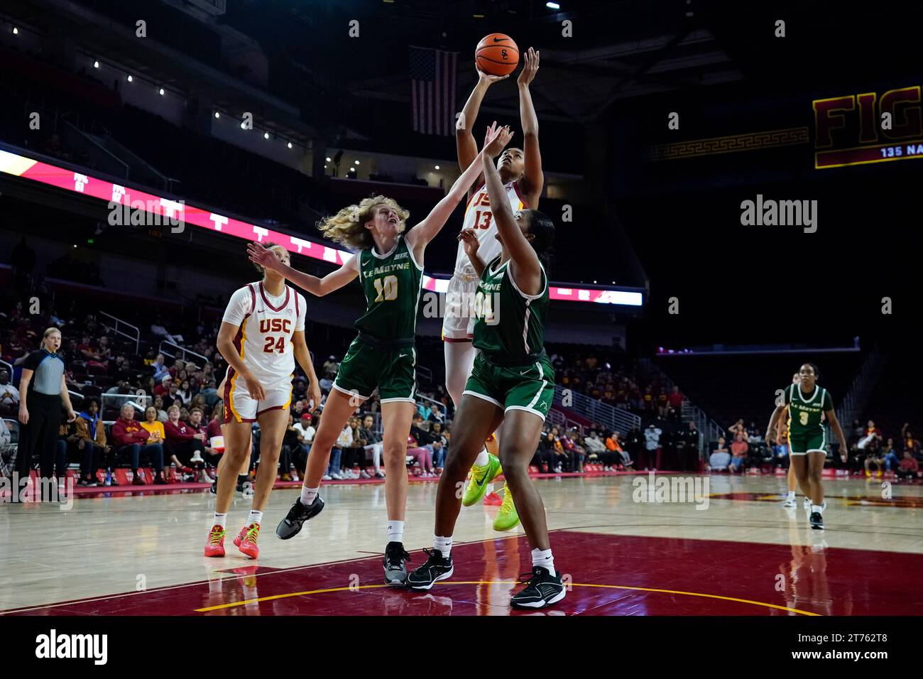 Southern California center Rayah Marshall (13) shoots against Le Moyne guard Sydney Lusher (10