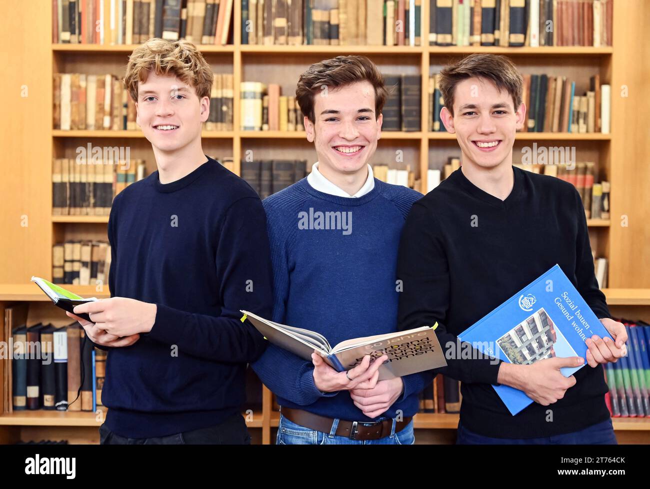 Karlsruhe, Germany. 10th Nov, 2023. Graduates of Bismarck-Gymnasium Karlsruhe, Paul Mai (l-r), Elias Vollmer and Jeremias Loghis. The three will be honored at the Federal President's History Competition on 14.11.2023. With their project 'Der Mieter- und Bauverein Karlsruhe eG. Are 109 words enough to come to terms with your own Nazi history?'. Credit: Uli Deck/dpa/Alamy Live News Stock Photo