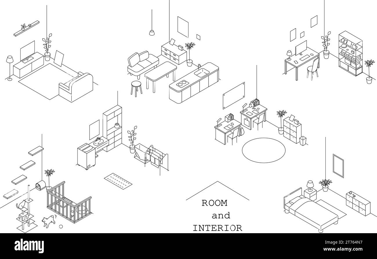 Finding a room for rent: various rooms, simple isometric illustration ...