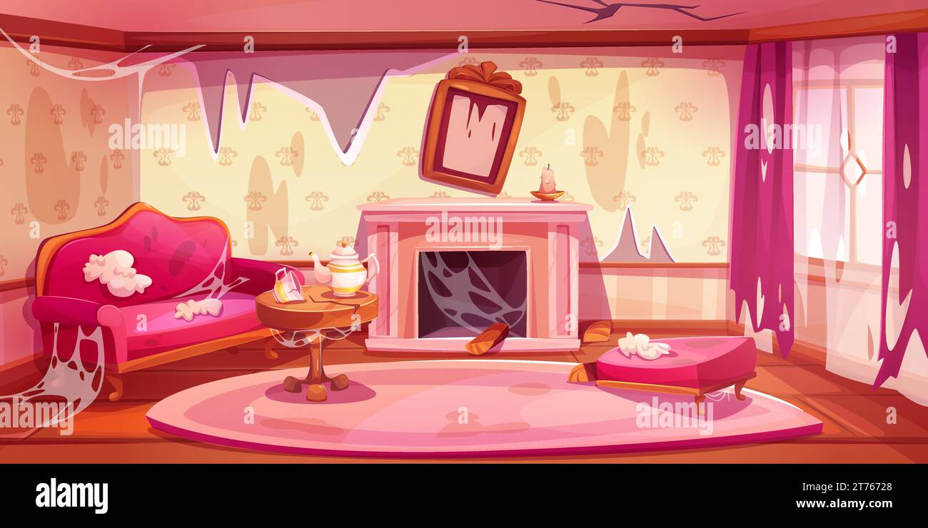 Abandoned victorian living room interior. Vector cartoon illustration