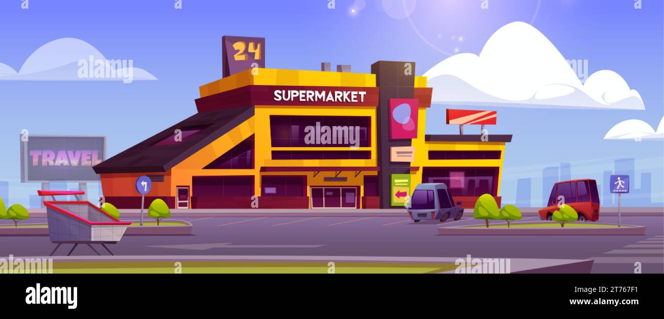 Car parking near supermarket mall building vector background. Grocery
