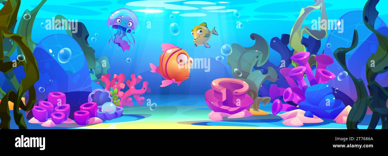 Seabed with marine habitats and algae cartoon underwater landscape