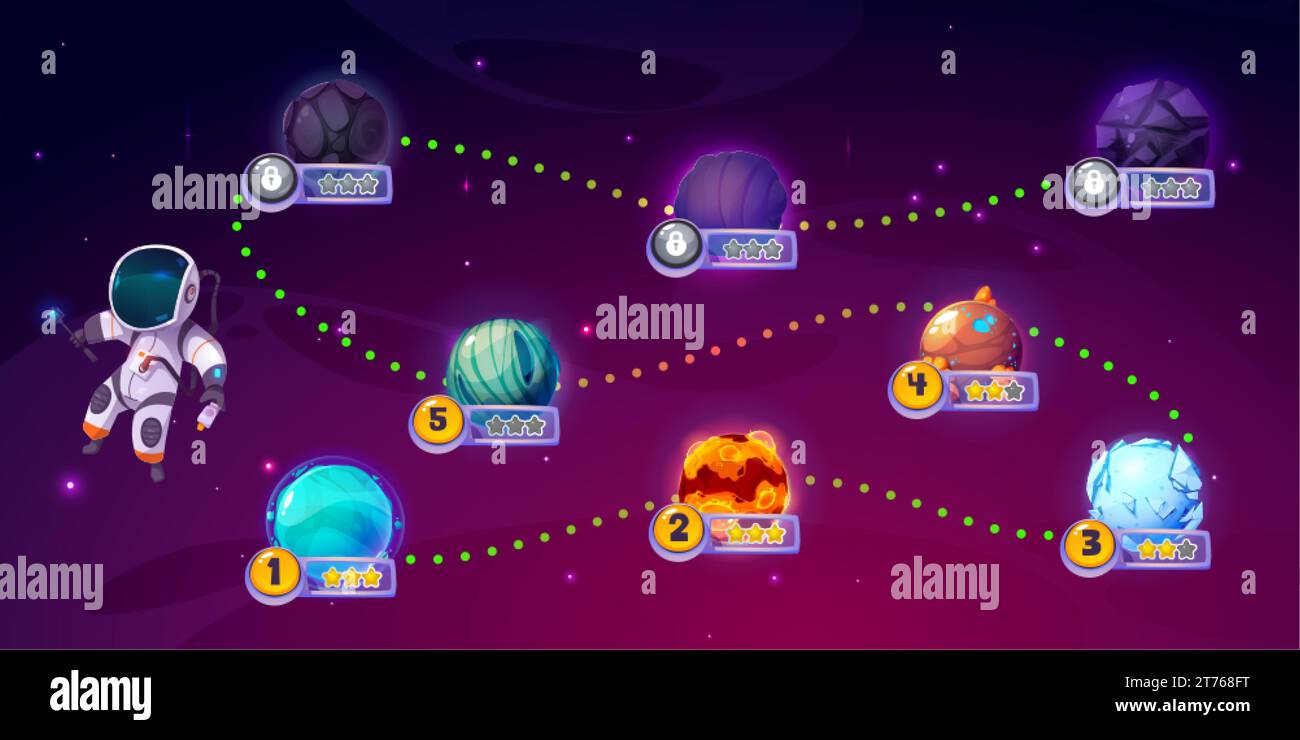 Astronaut adventure arcade game map. Vector cartoon illustration of space background with stars, travel route between fantasy alien planets, score sta Stock Vector