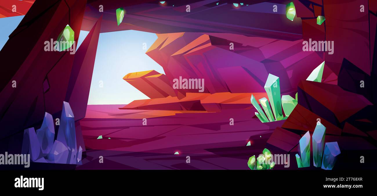 Exit from cave with gemstones on walls. Vector cartoon illustration of