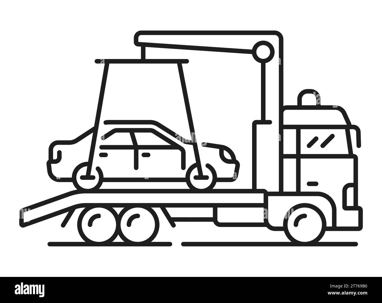 Car towing line icon, parking and automatic garage service vector linear sign. Unauthorized parking warning symbol of tow truck for car park lot or public garage restricted information sign Stock Vector