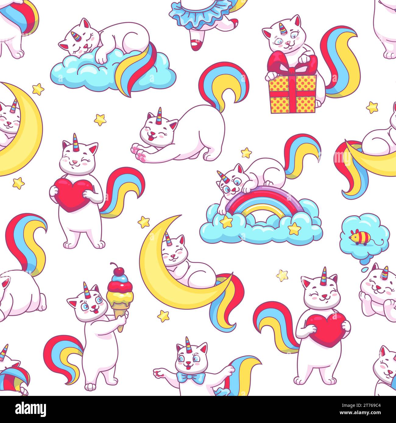 Cute funny cartoon caticorn seamless pattern of cat unicorn and rainbow ...