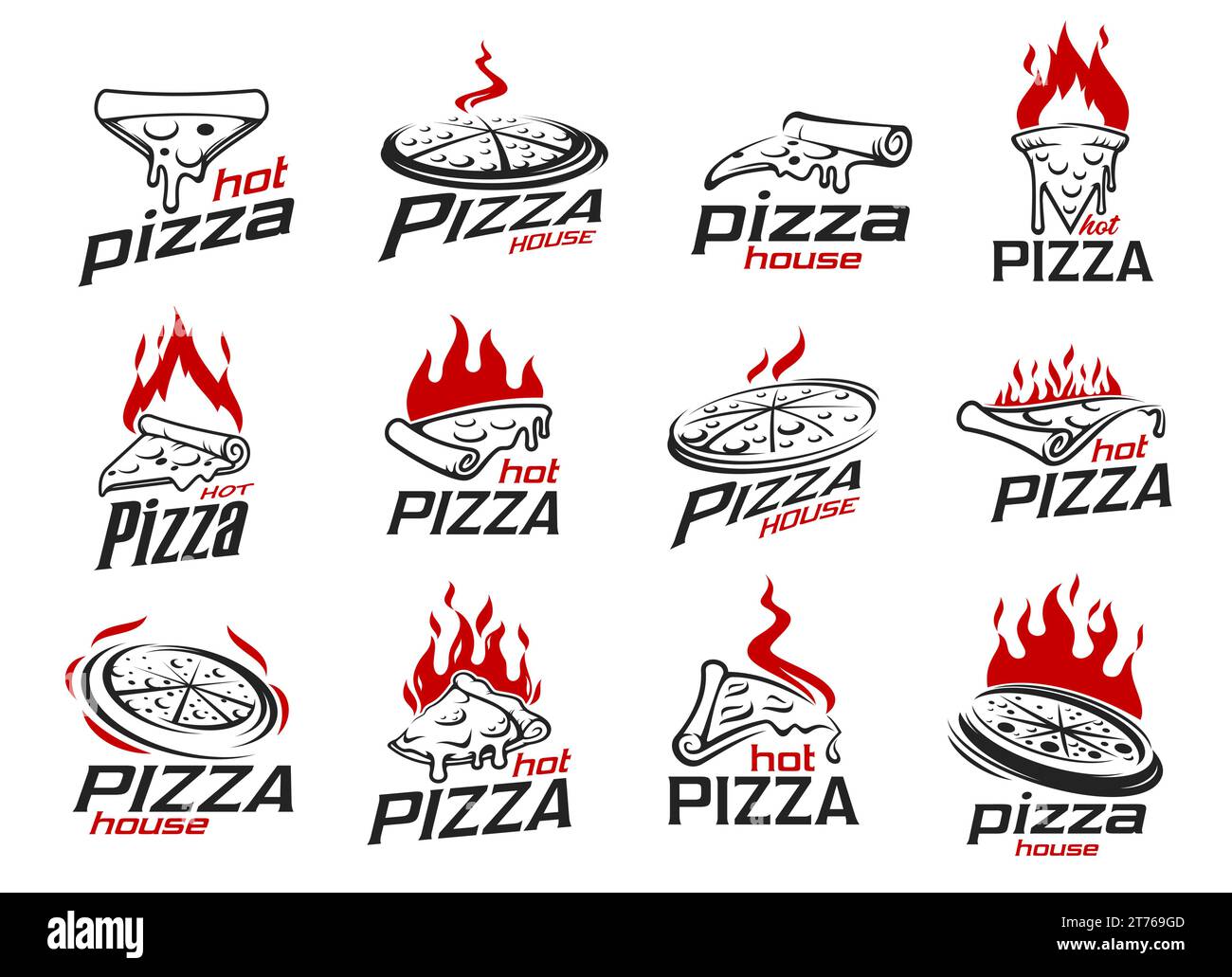 Pizza icons of italian pizzeria and restaurant, vector Italy cuisine