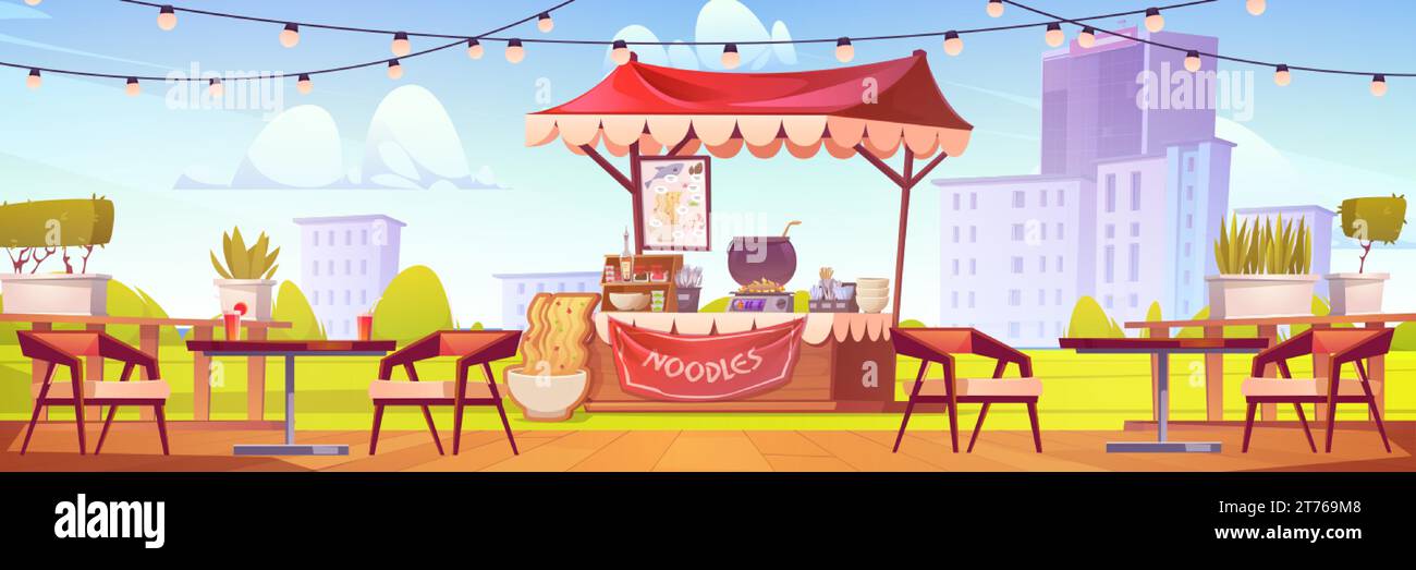 Asian cuisine stall in summer city park. Vector cartoon illustration of noodle shop with fish and seafood menu, chairs and tables outdoors, garland de Stock Vector