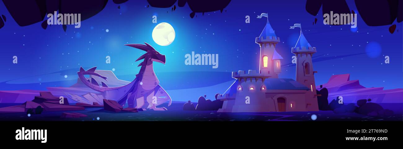 Large dragon sits near medieval castle at night under moonlight ...
