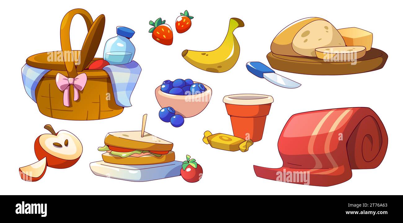 Wicker basket with rolled red blanket and food and drinks for picnic in ...