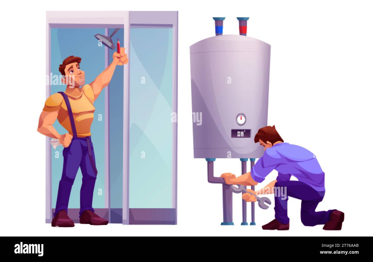 Professional plumbers in uniform provide installation or repair work