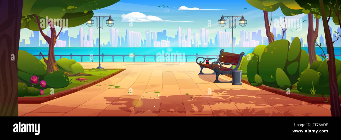 Summer or spring city public park with bench, lantern and trees on shore of river or lake against backdrop of high-rise buildings. Cartoon vector land Stock Vector