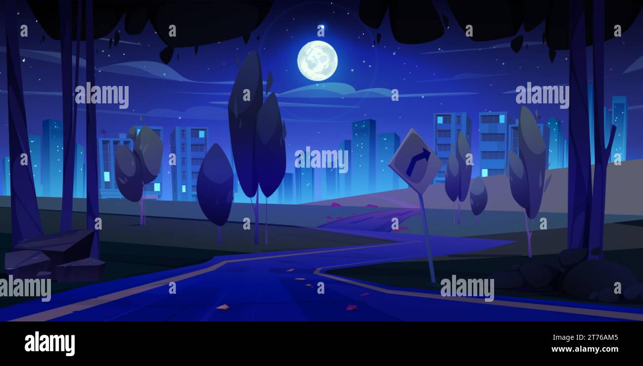 Night road to city in forest landscape background. Urban building perspective view on skyline. Beautiful metropolis above full moon light and stars in Stock Vector