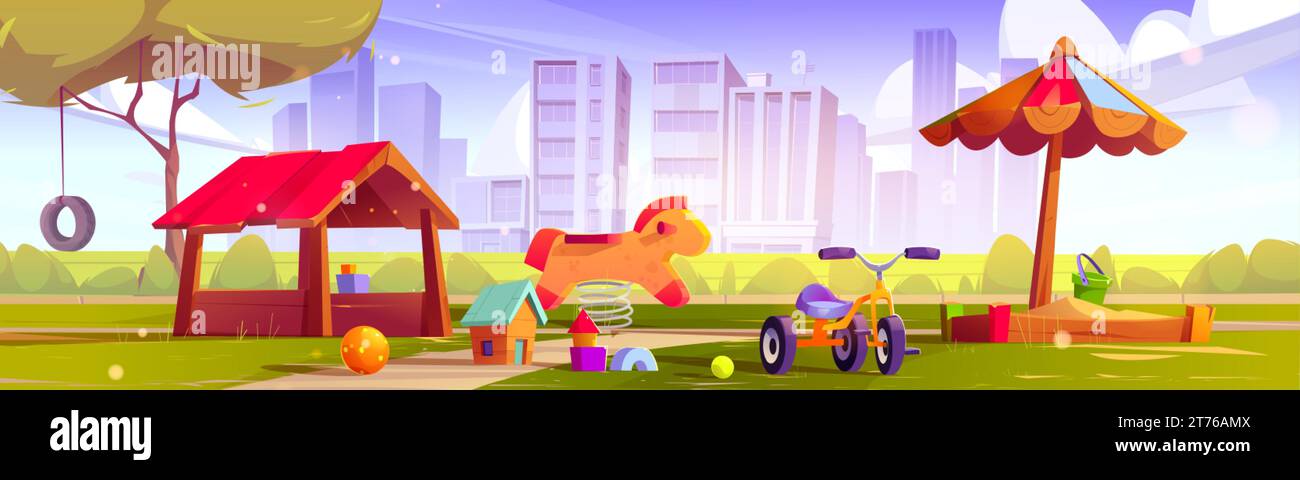 Sunny playground for kids in city park. Vector cartoon illustration of ...