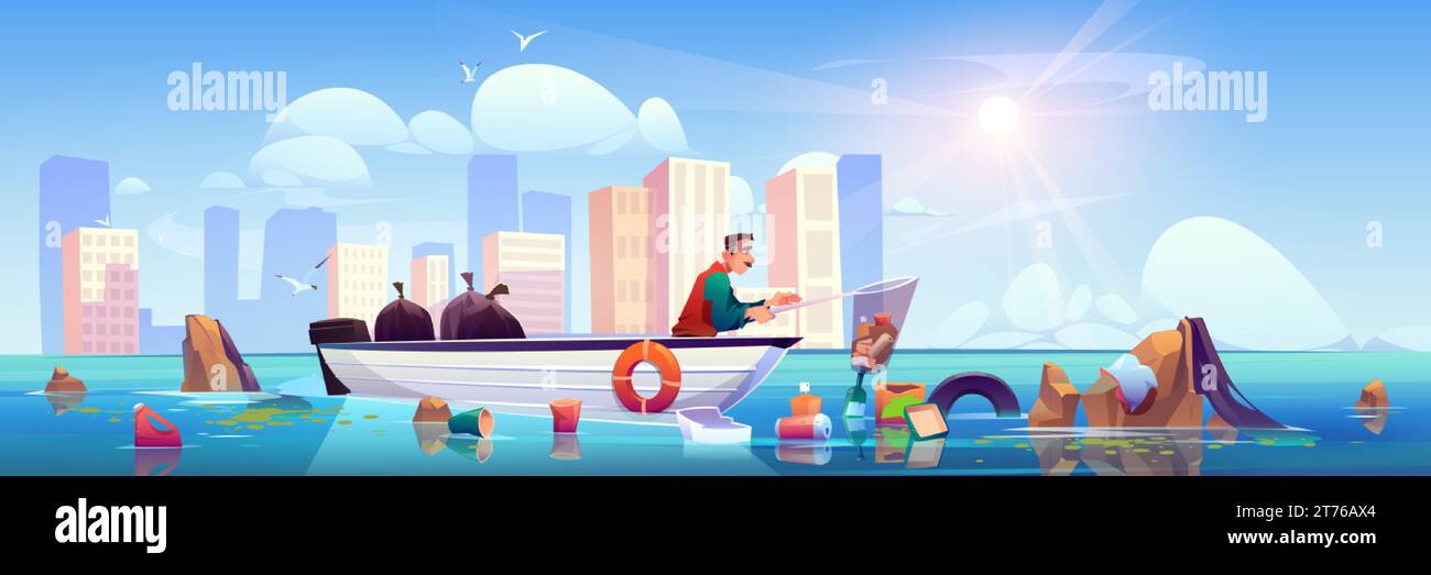 Plastic garbage pollution in sea water and man on boat vector environmental illustration. Ship cleanup dirty ocean polluted with litter, rubbish. Eart Stock Vector