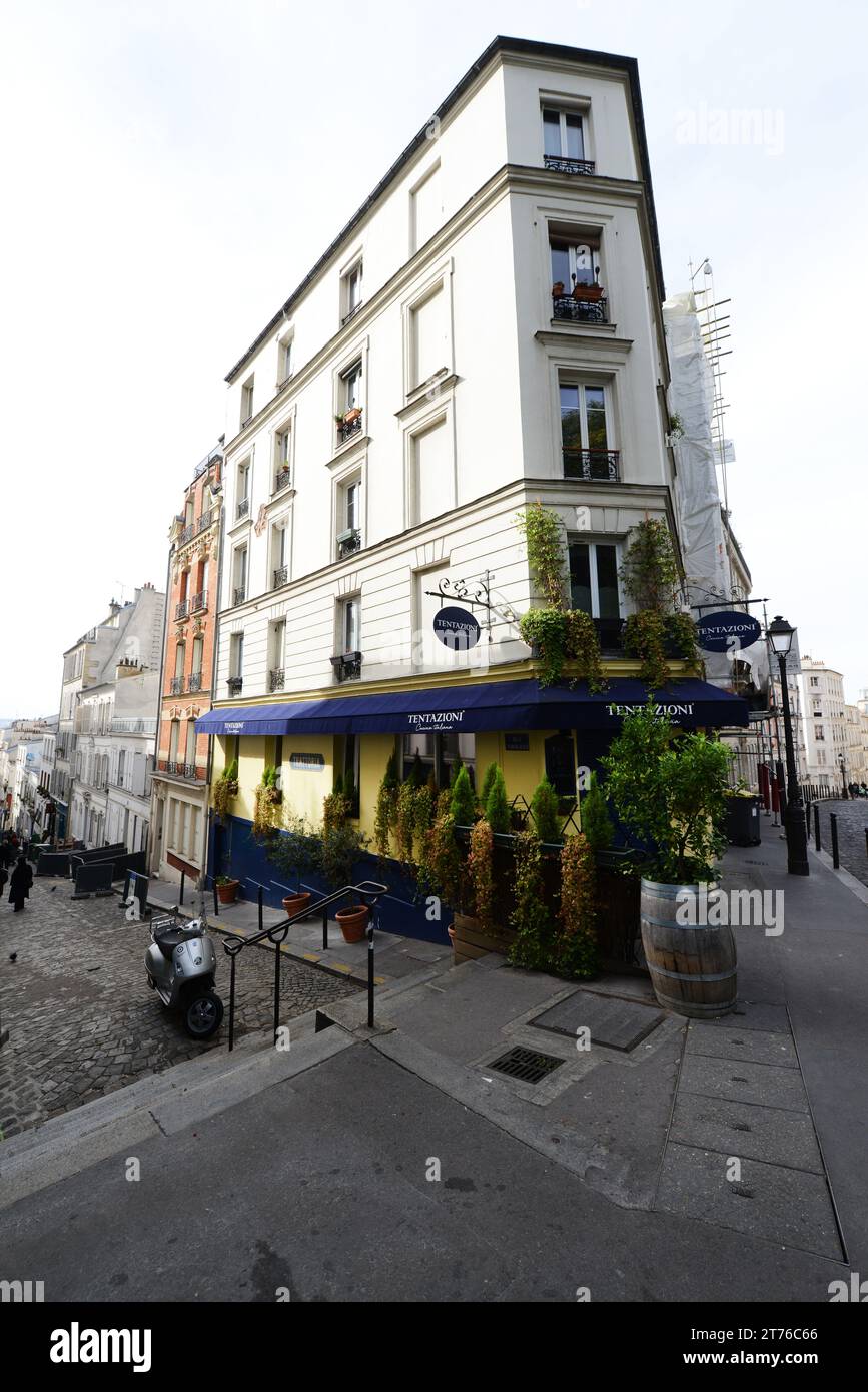 Tentazioni restaurant on the corner of Rue Lepic and Rue Tholozé in Montmartre, Paris, France. Stock Photo