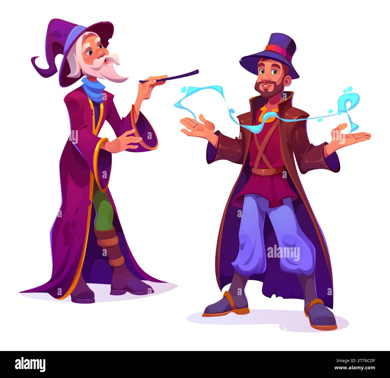 Male wizard and illusionist characters set isolated on white background. Vector cartoon illustration of old and young bearded men wearing vintage hats and costumes, circus tricks, magic wand in hand Stock Vector