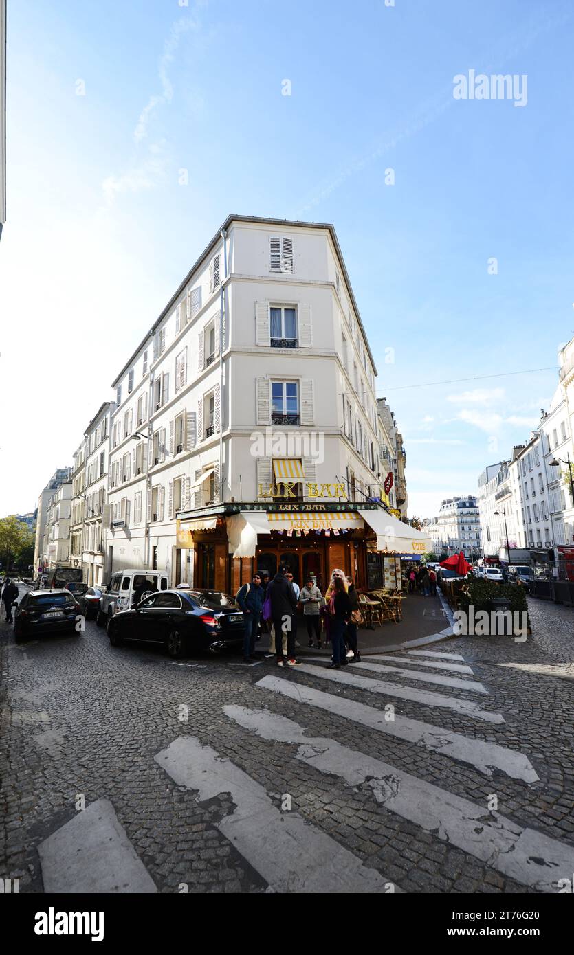 Lux Bar on the corner of Rue Lepic and Rue Coustou in Montmartre, Paris, France. Stock Photo