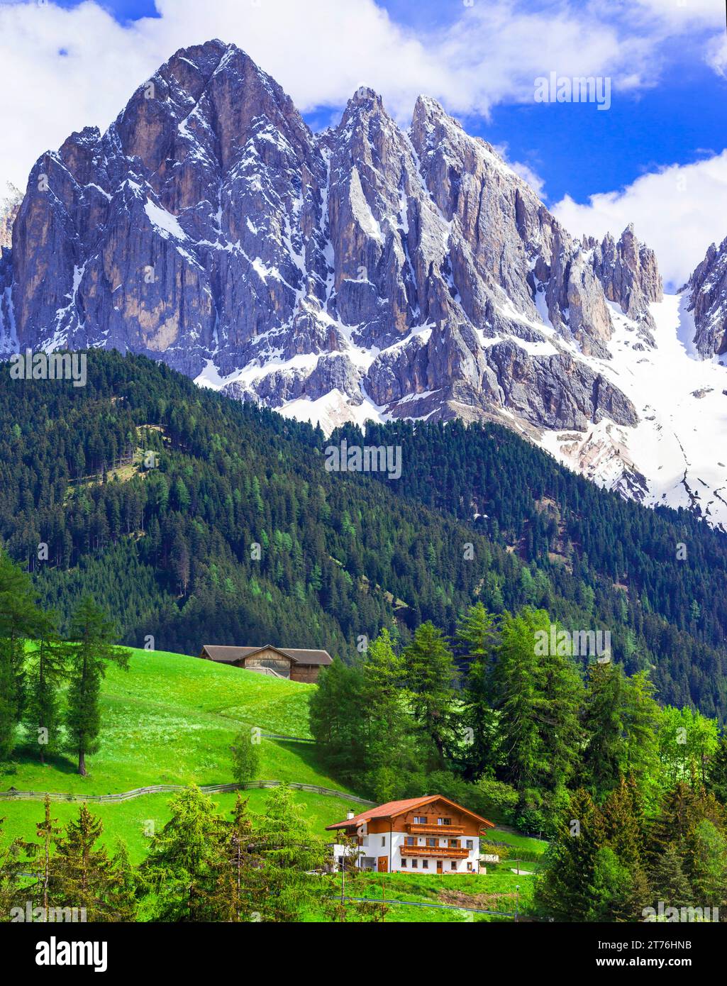 Stunning Alpine scenery of breathtaking Dolomites rocks mountains in Italian Alps, South Tyrol, Italy. famous and popular ski resort Stock Photo