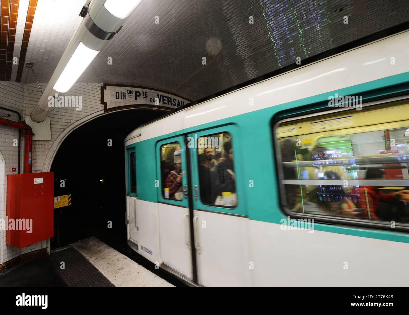 A Metro train at the Concorde Metro station in Paris, France. Stock Photo