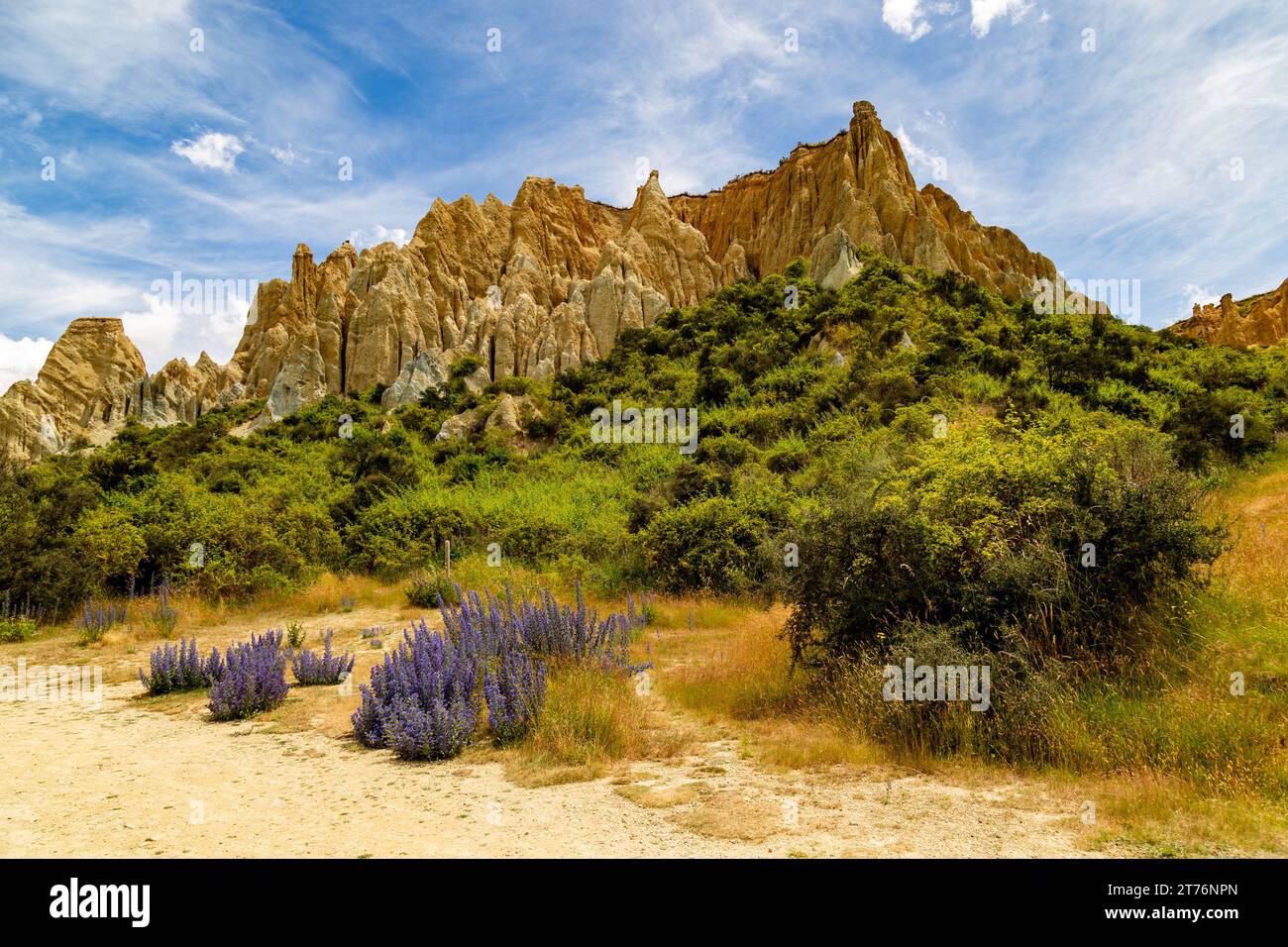 The Clay Cliffs in Omarama were formed over millions of years by natural erosion and sedimentation. Found in New Zealand south island in Waitaki area. Stock Photo