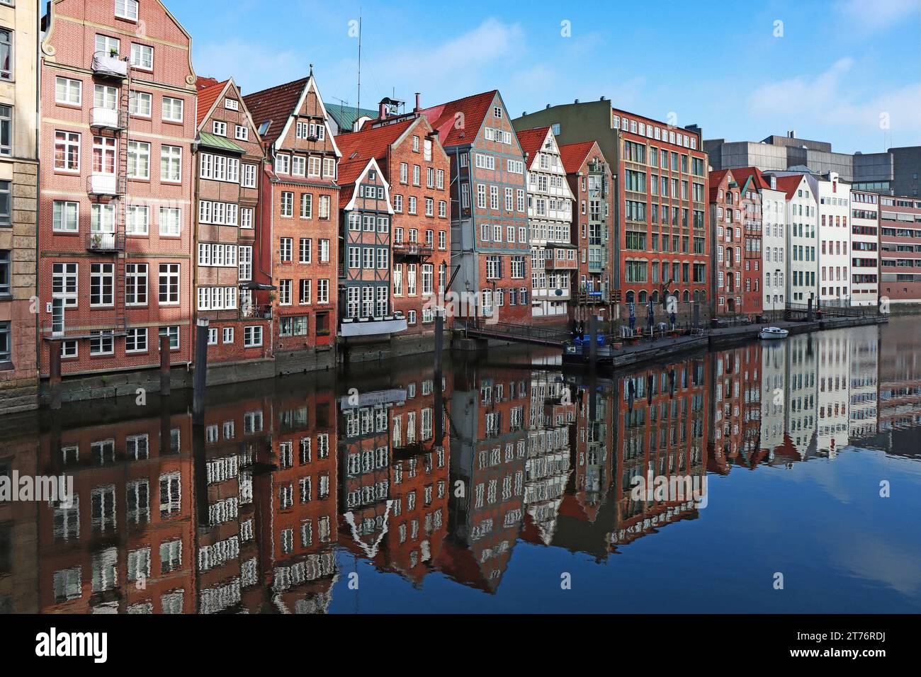 View of buildings along a canal in Hamburg, Germany Stock Photo