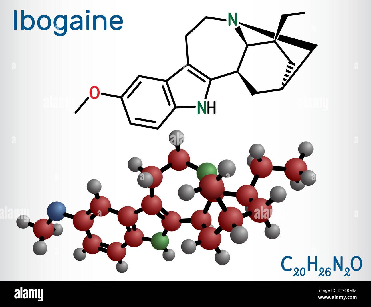 Ibogaine molecule. It is monoterpenoid indole alkaloid, psychoactive substance, hallucinogen, psychedelic. Structural chemical formula, molecule model Stock Vector