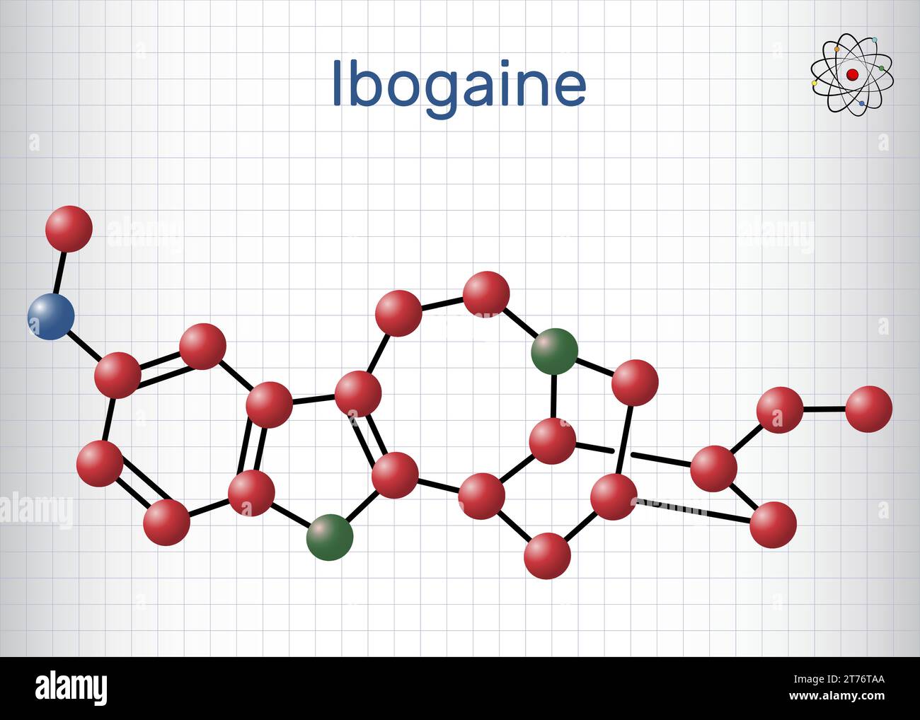 Ibogaine molecule. It is monoterpenoid indole alkaloid, psychoactive substance, hallucinogen, psychedelic. Structural chemical formula, molecule model Stock Vector