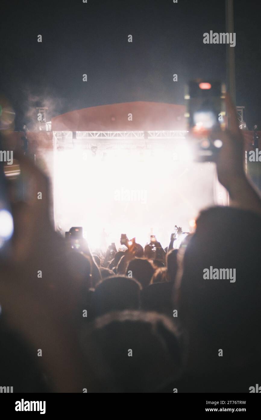 Outdoor music pavilion at night with crowd enjoying a concert