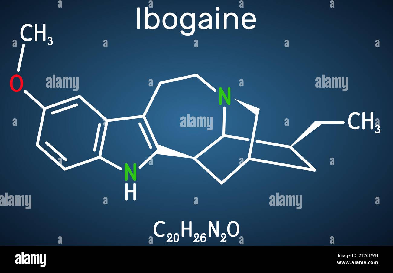 Ibogaine molecule. It is monoterpenoid indole alkaloid, psychoactive substance, hallucinogen, psychedelic. Structural chemical formula on the dark blu Stock Vector