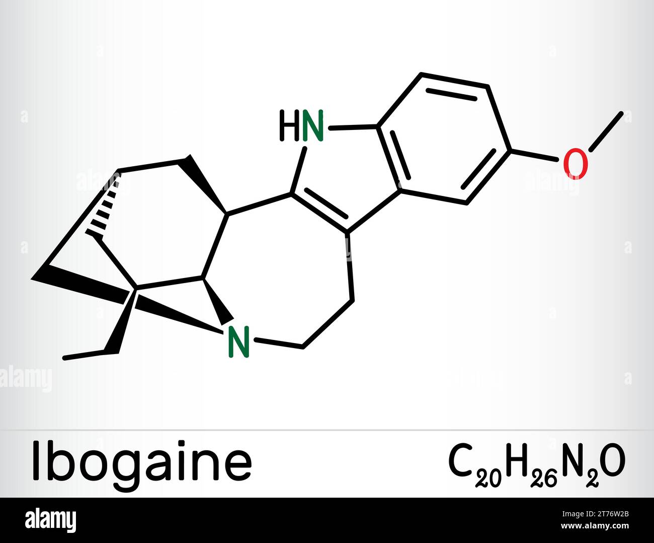 Ibogaine molecule. It is monoterpenoid indole alkaloid, psychoactive substance, hallucinogen, psychedelic. Skeletal chemical formula. Vector illustrat Stock Vector