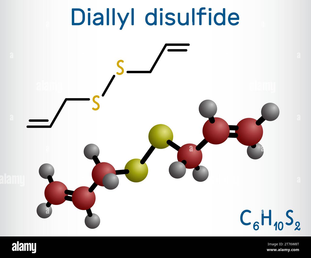 Diallyl disulfide, DADS molecule. Structural chemical formula, molecule model. Stock Vector