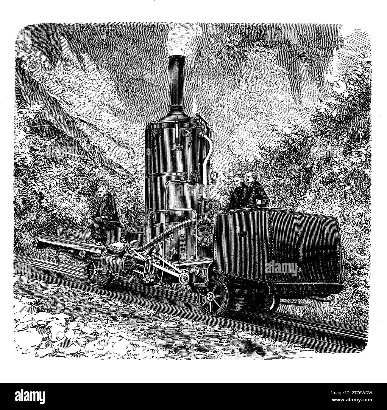 Rigi railway opened in 1873 to reach the summit of mount Rigi in Switzerland, with a locomotive with vertical boiler working on system of toothed racks set between the railway tracks interlocking with cogwheels fitted under the locomotive Stock Photo