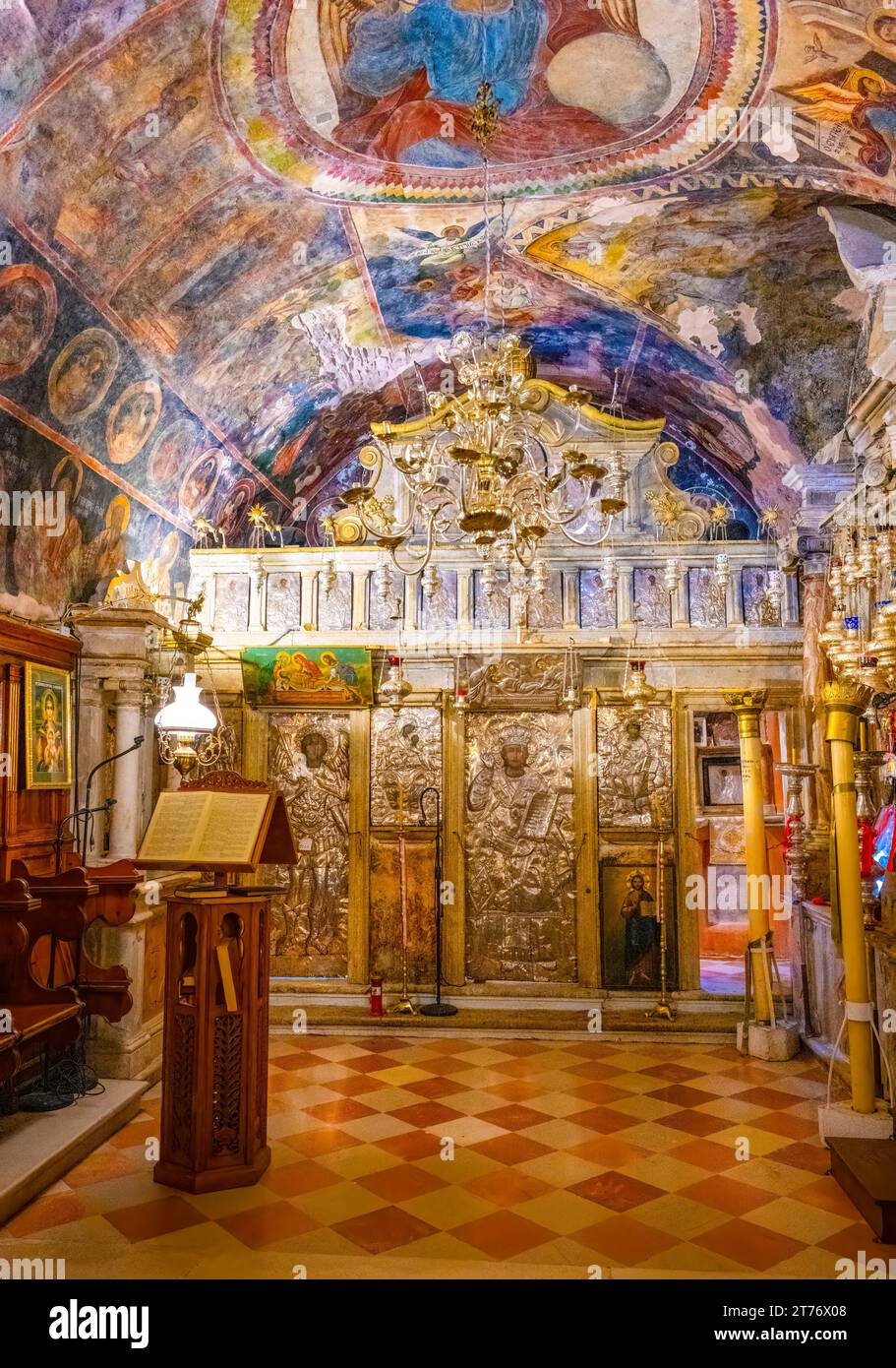 Wall and ceiling paintings adorn the church within the Monastery of Pantokrator on Corfu, Greece Stock Photo