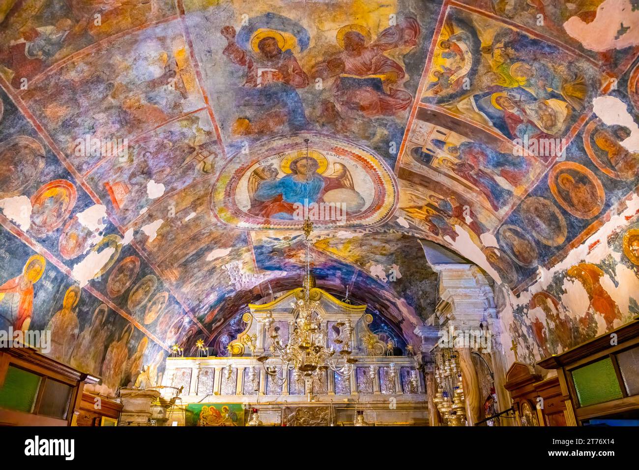 Wall and ceiling paintings adorn the church within the Monastery of Pantokrator on Corfu, Greece Stock Photo