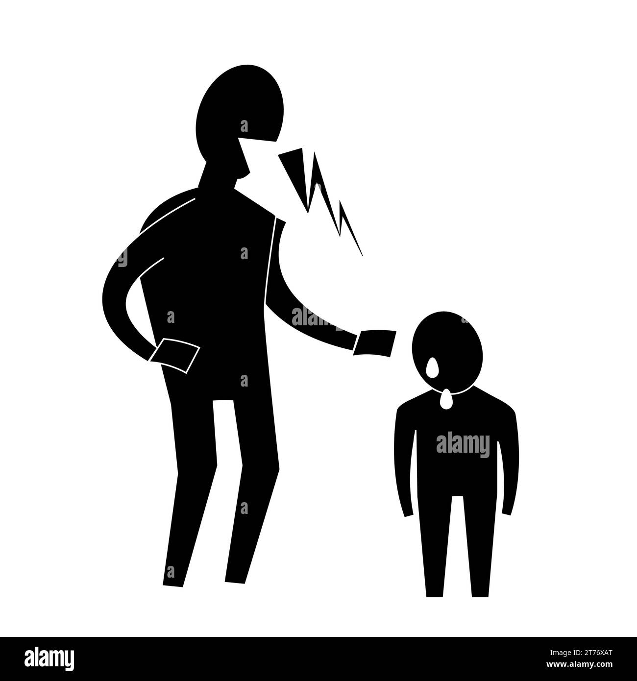 An adult scolds a small child. Icon style, black silhouettes are visible. Graphics on the theme of domestic violence, narcissism and abuse. Stock Vector