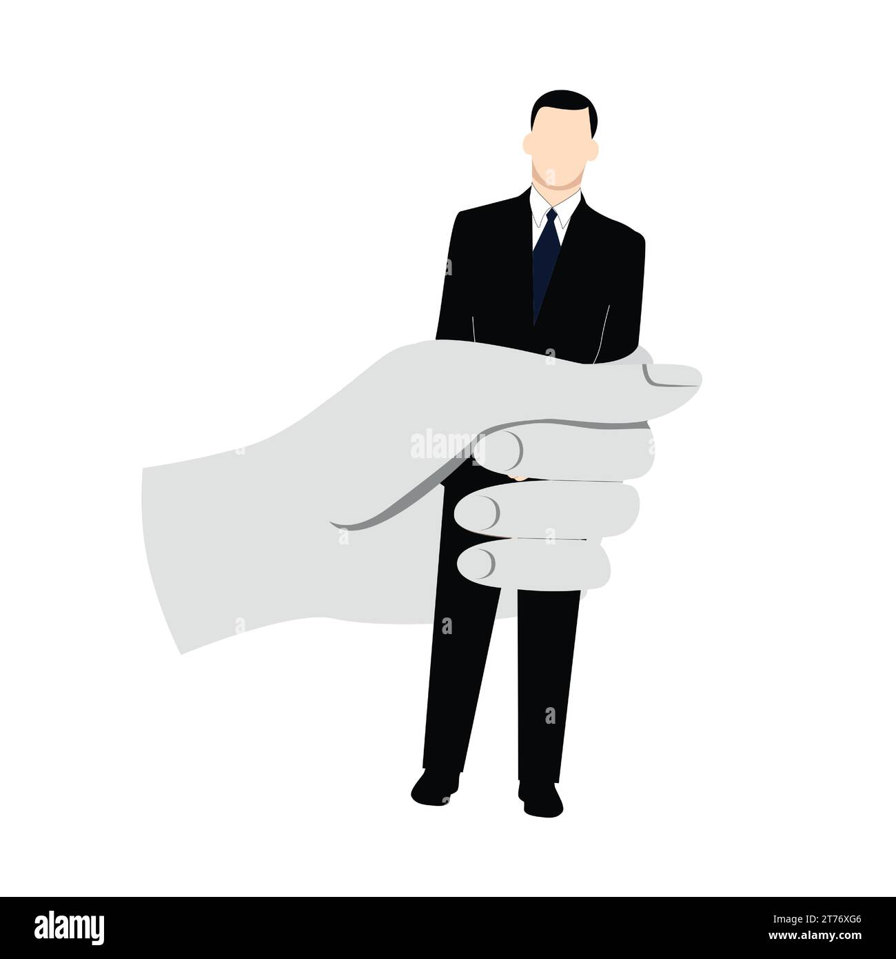 A man in a classic suit is clasped in a man's hand. Concept of a person dependent on circumstances, manager, office, in captivity, domestic violence. Stock Vector