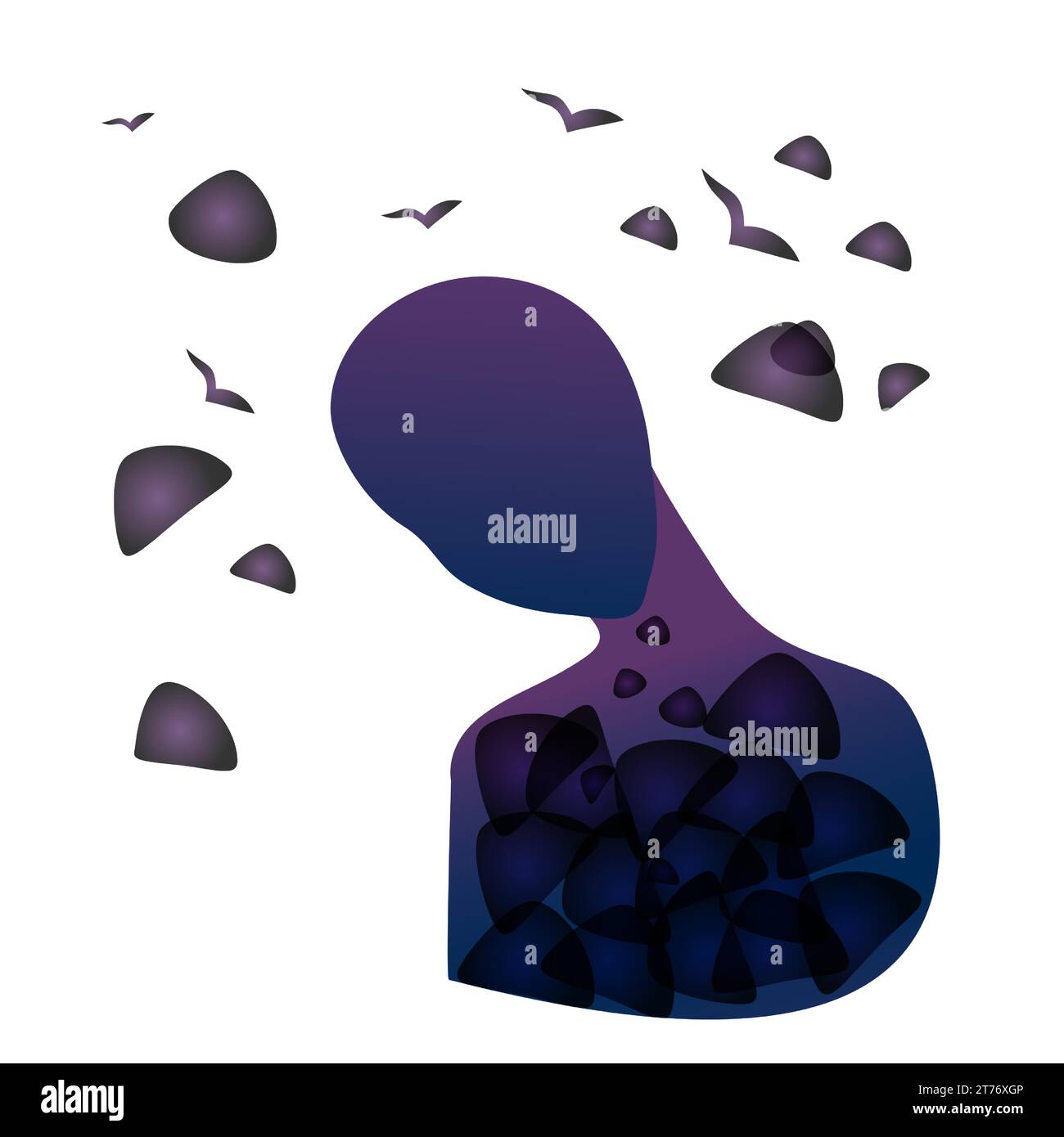 Silhouette of a purple man with a bowed head. In a person and nearby, particles of violet pain scatter. Mood of sadness and depression. Stock Vector
