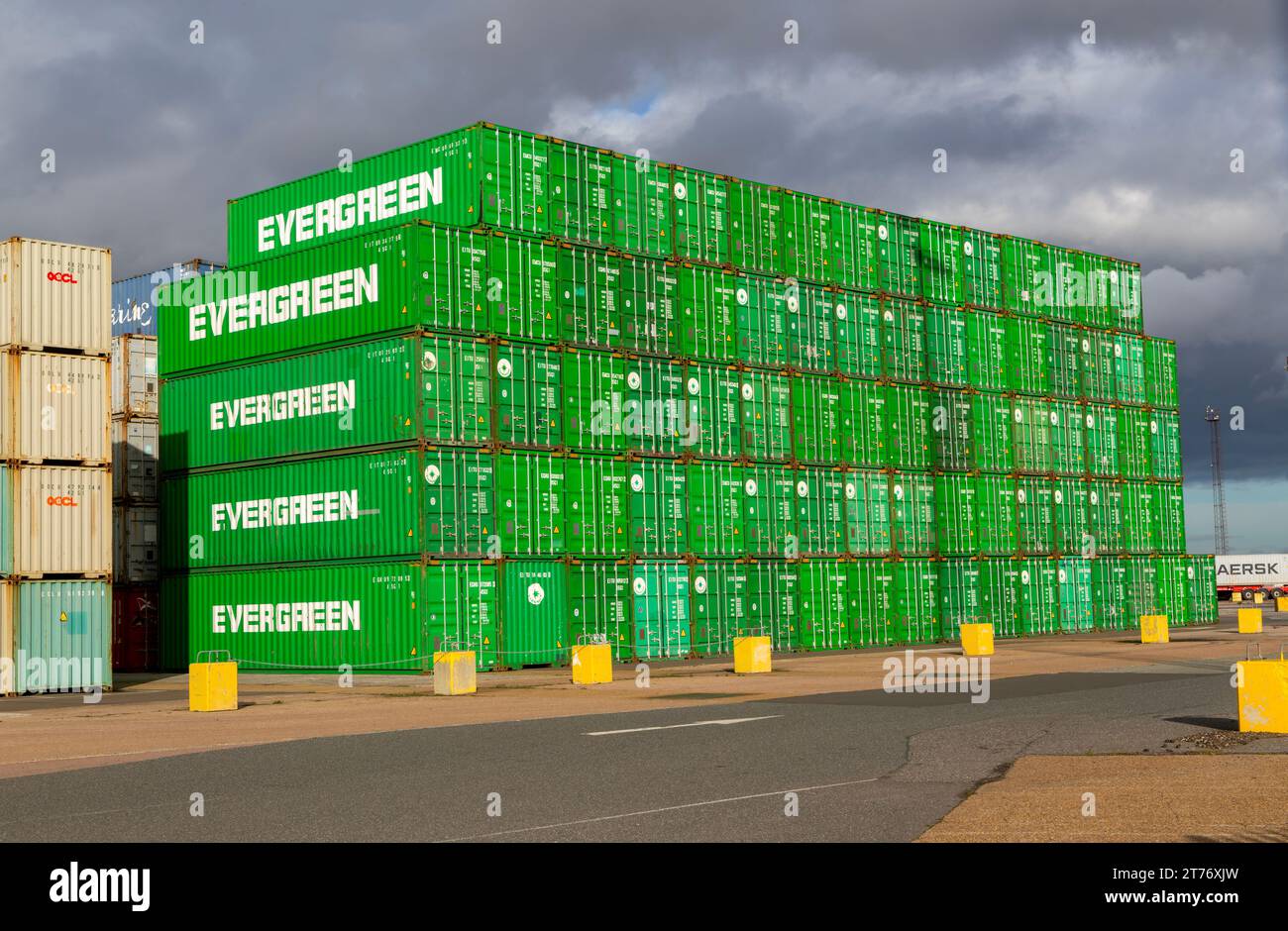 Evergreen shipping containers stacked on quayside, Port of Felixstowe