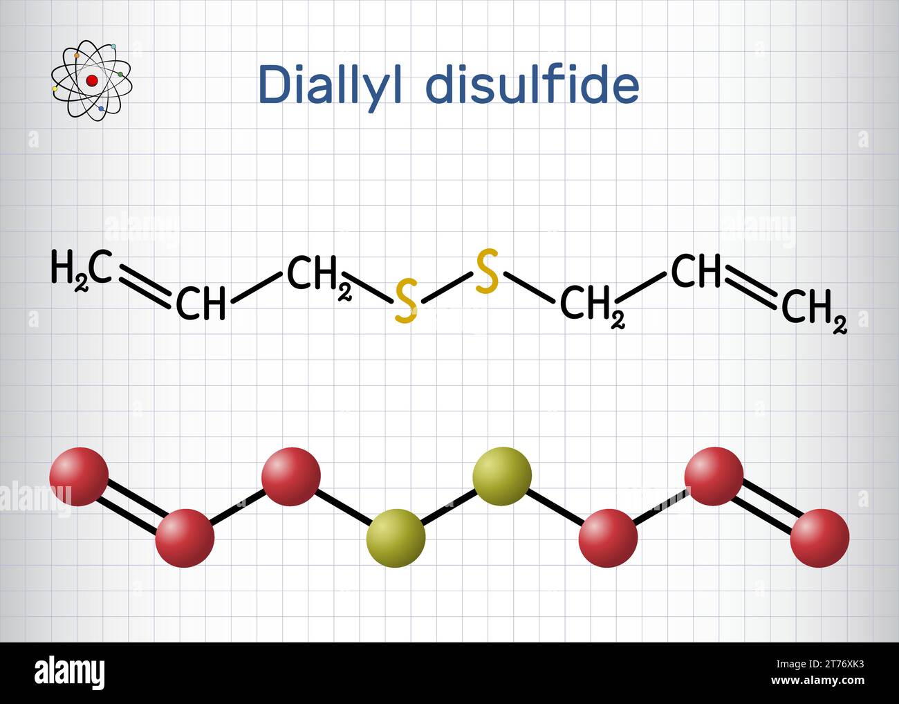 Diallyl disulfide, DADS molecule. Structural chemical formula, molecule model. Sheet of paper in a cage. Stock Vector
