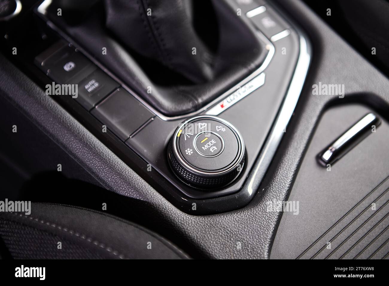 Vinnitsa, Ukraine - February 18, 2021. Volkswagen Tiguan 2021 - new car in showroom - transmission Stock Photo