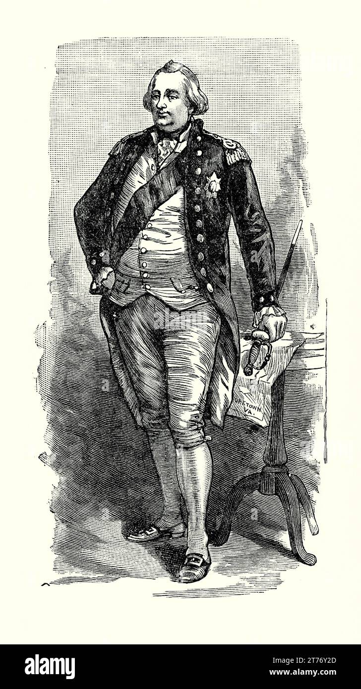 An old engraving of Charles Cornwallis. It is from an American history book of 1895. Charles Cornwallis, 1st Marquess Cornwallis, KG, PC (1738–1805) was a British Army officer, Whig politician and colonial administrator. In the USA he was one of the leading British officers in the American War of Independence. His surrender in 1781 to a combined American and French force at the siege of Yorktown ended significant hostilities in North America. Cornwallis later served in Ireland, where he helped bring about the Act of Union, and in India, where he helped enact the Cornwallis Code. Stock Photo