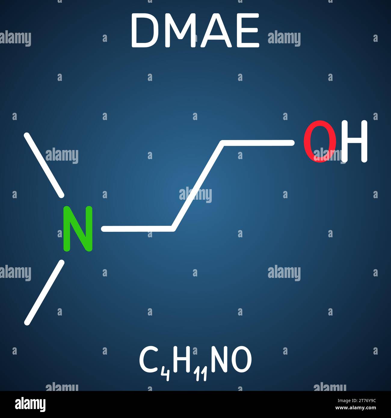Dimethylethanolamine, dimethylaminoethanol, DMAE, DMEA molecule. Structural chemical formula on the dark blue background. Stock Vector