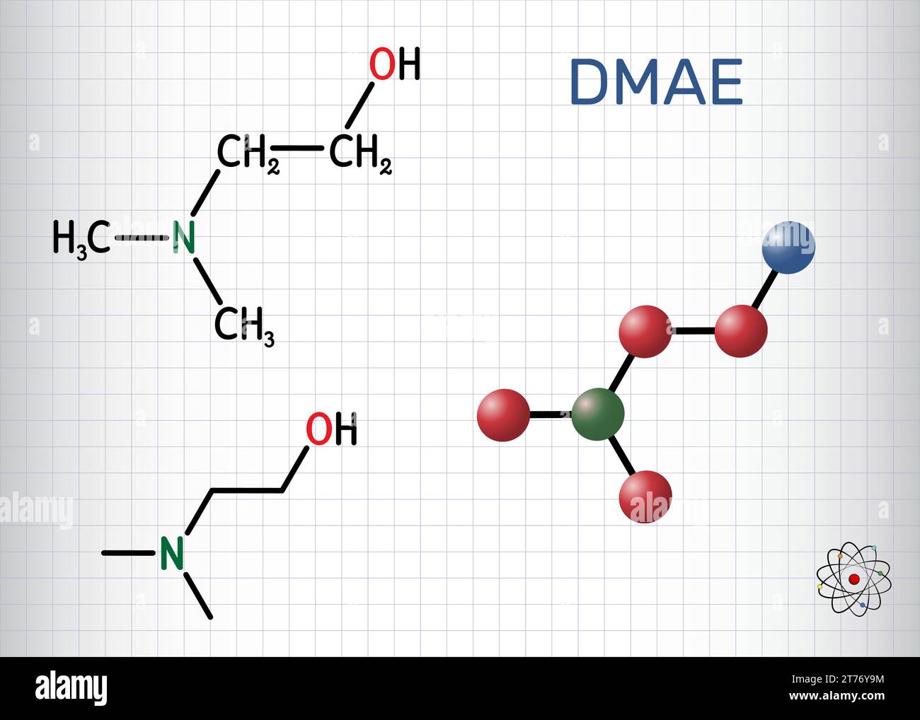 Dimethylethanolamine, dimethylaminoethanol, DMAE, DMEA molecule. Structural formula, molecule model. Sheet of paper in a cage Stock Vector