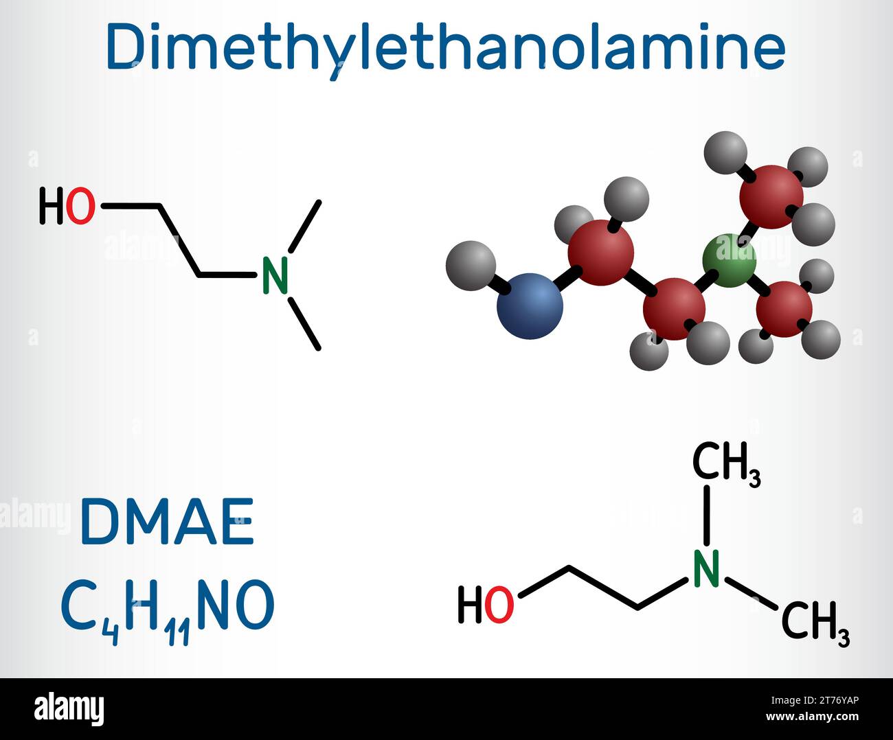 Dimethylethanolamine, dimethylaminoethanol, DMAE, DMEA molecule. Structural chemical formula, molecule model. Stock Vector